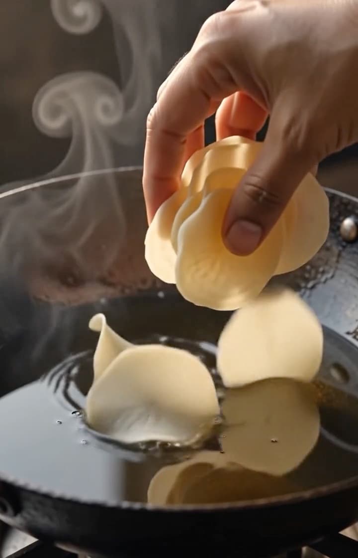 A sun-dried potato wafer slides into hot oil and puffs up