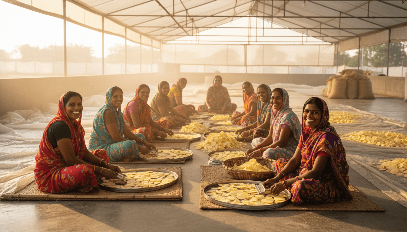 Local women sitting on mats, smiling while drying freshly cut potato chips in a large open shed