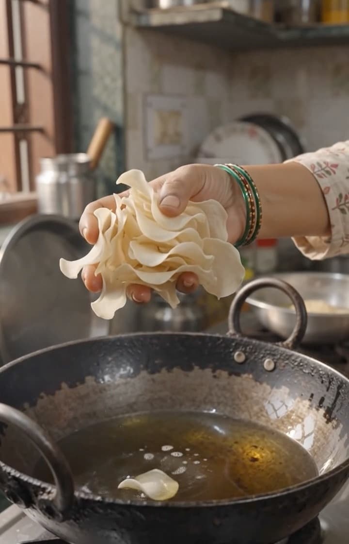 Hands slide HandCut chips into a kadhai of hot oil