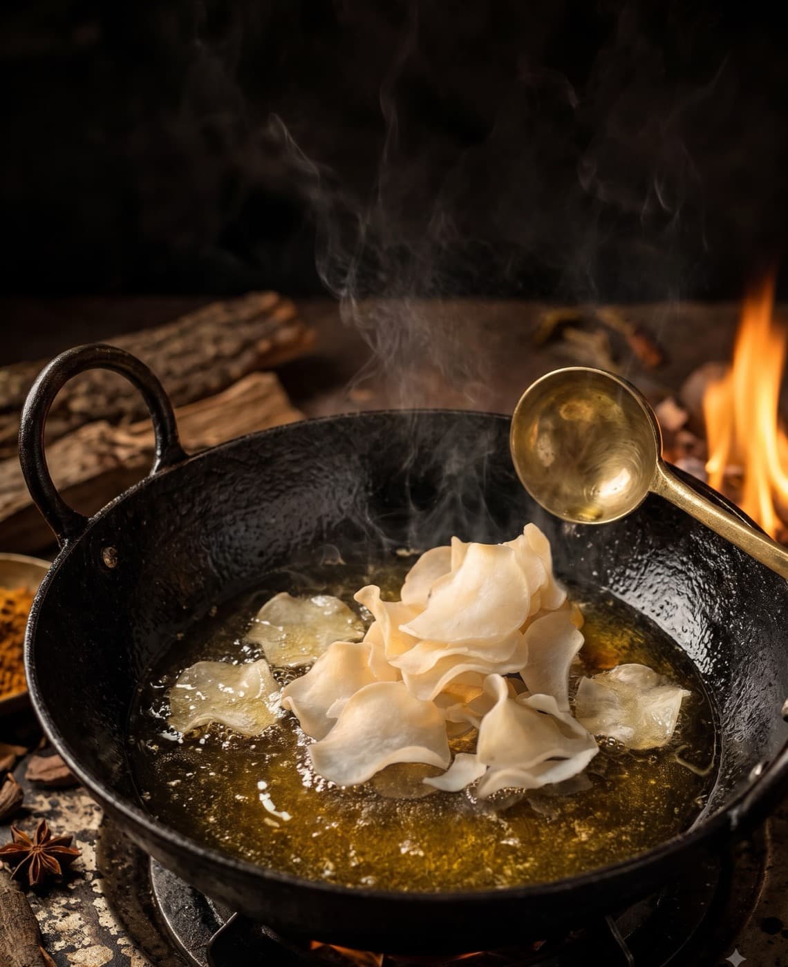 HandCut chips frying in ghee in an iron kadhai, with steam rising