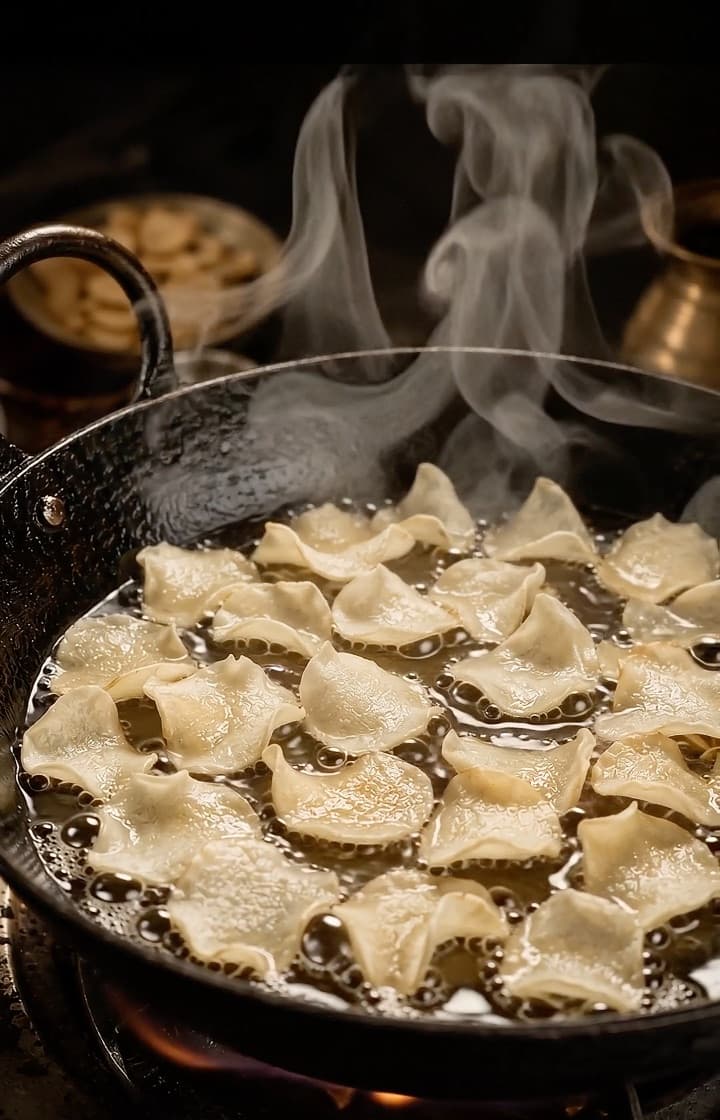 HandCut chips puffing up in a kadhai of hot oil
