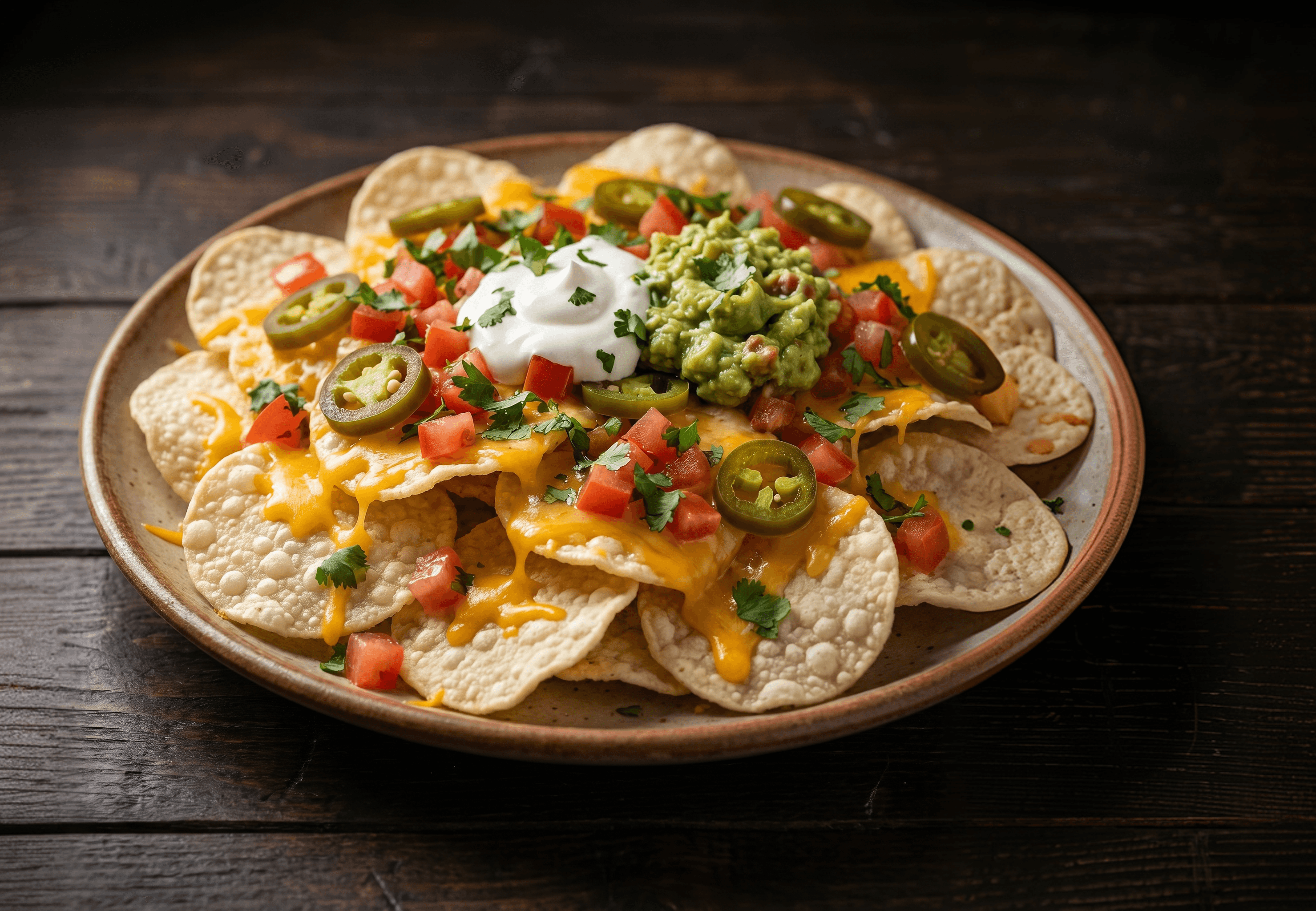 A plate of loaded homemade nachos with melted cheese, salsa and guacamole