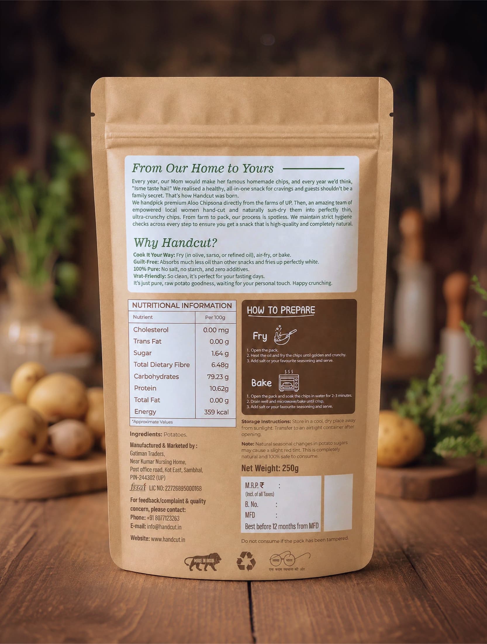The back of a HandCut pack on a kitchen table. The ingredients line reads: Potatoes.