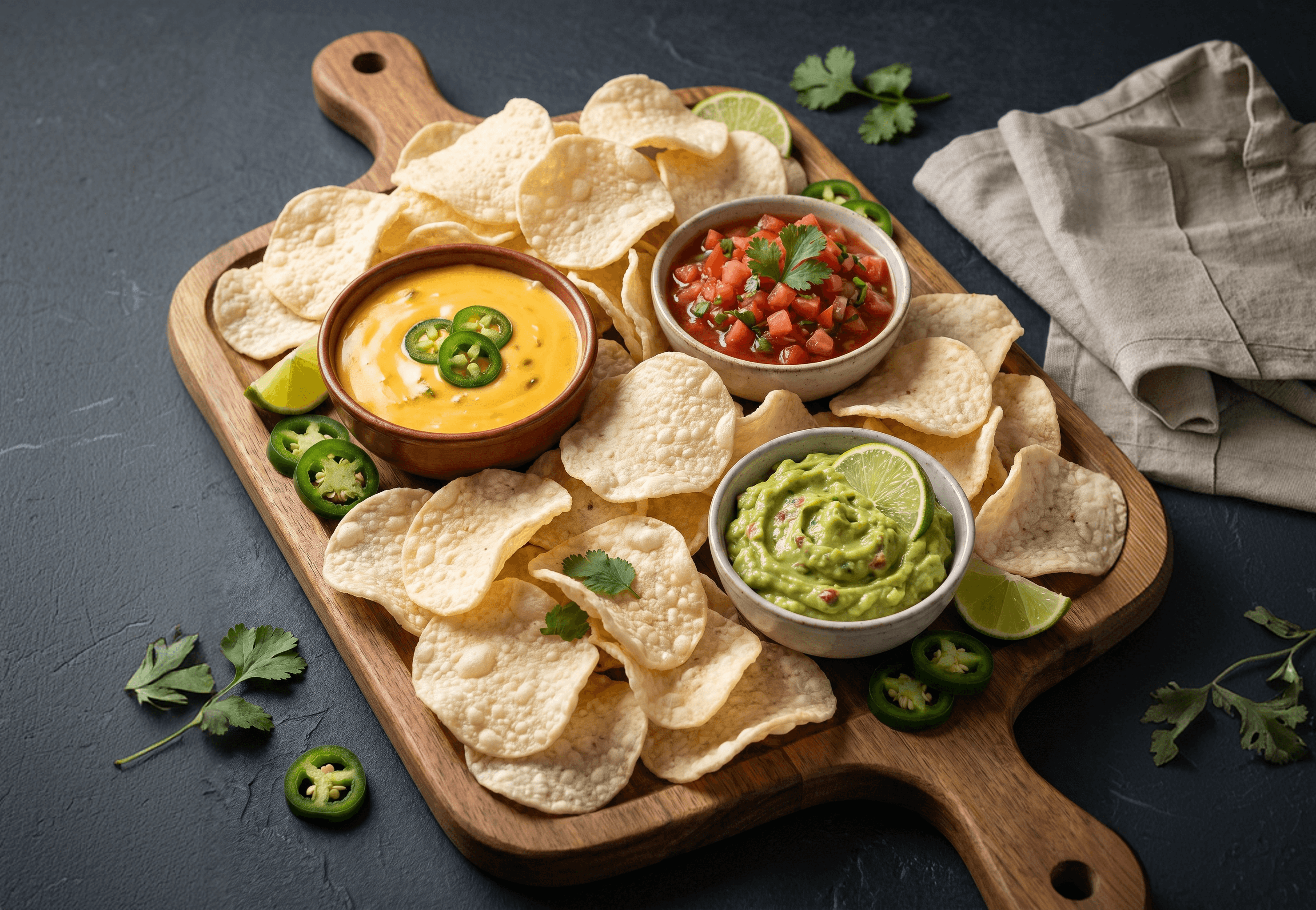 A wooden board of chips served with an assortment of colourful dips