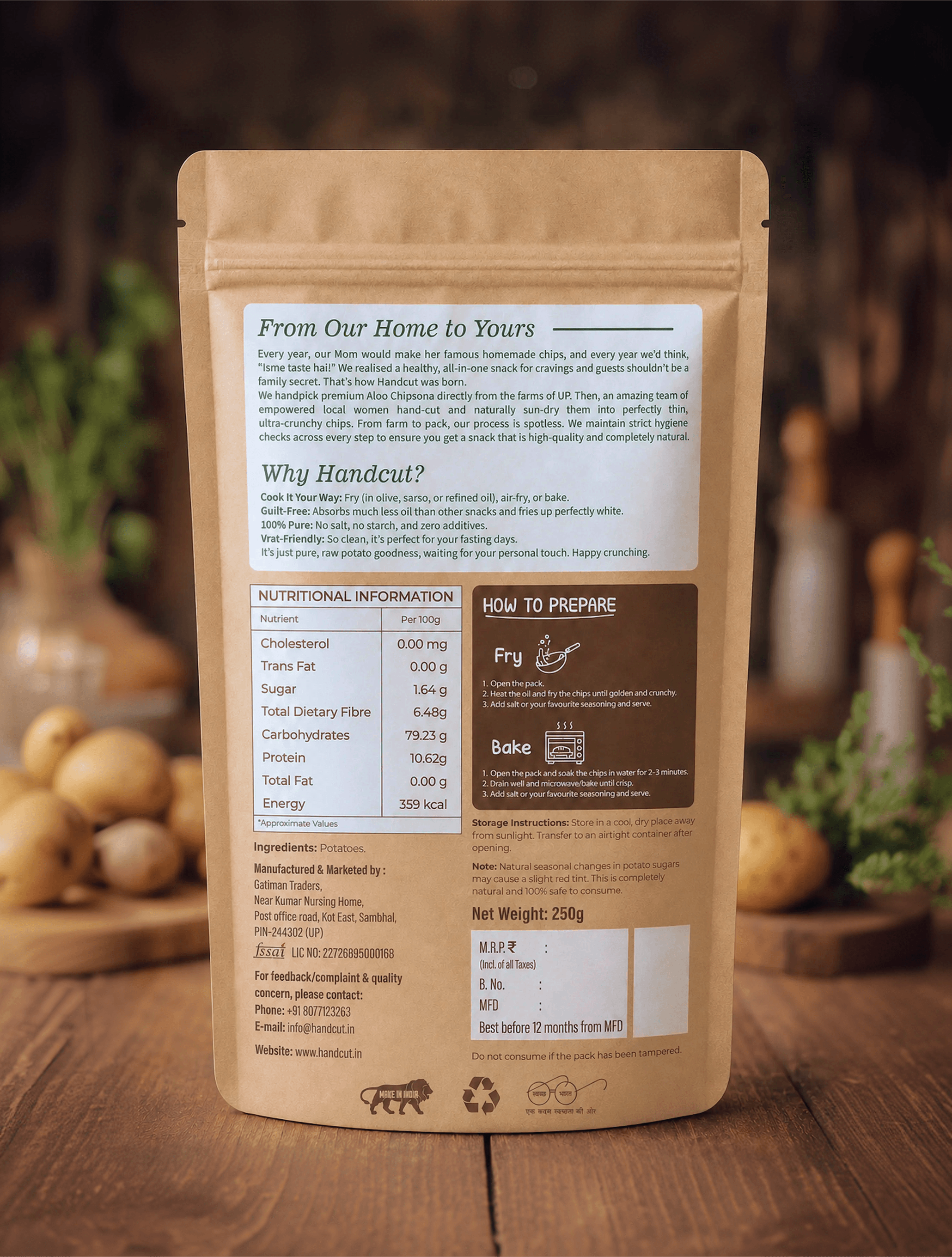 HandCut Potato Chips pouch, back view