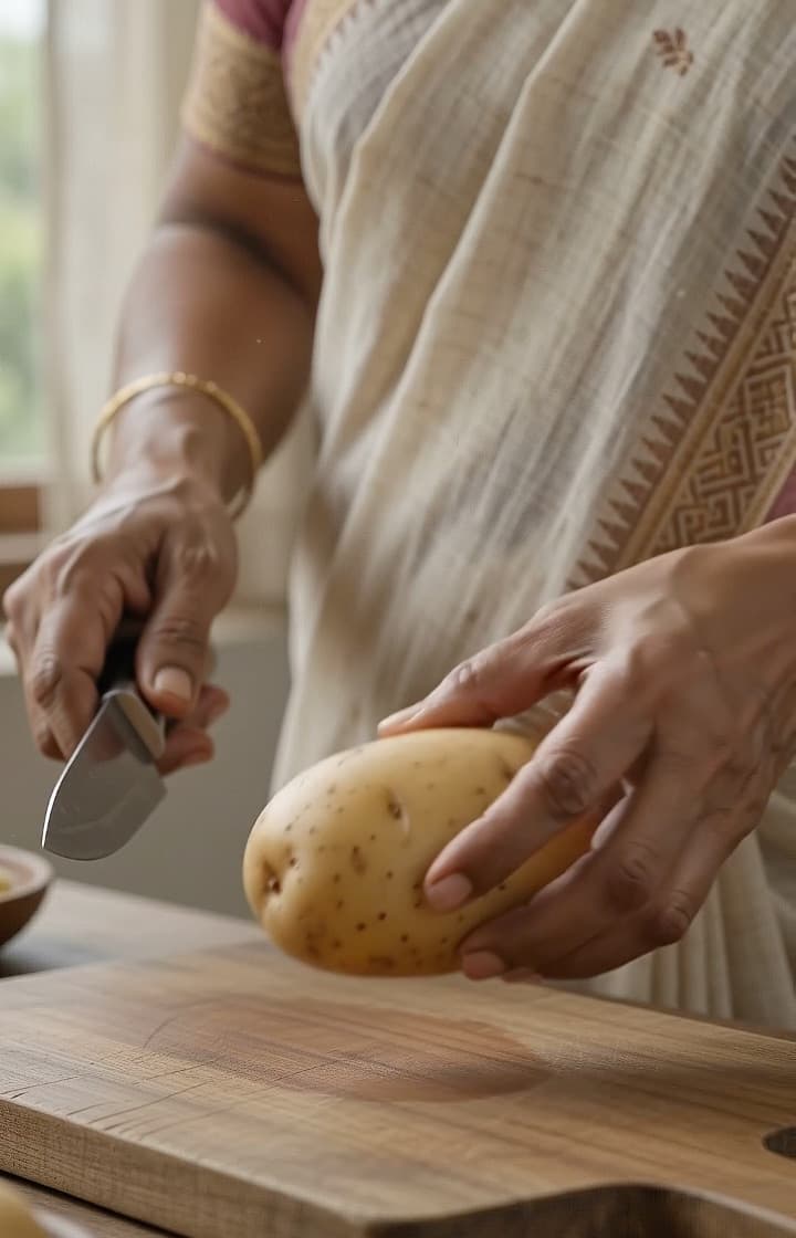 A woman slices a potato by hand on a wooden board