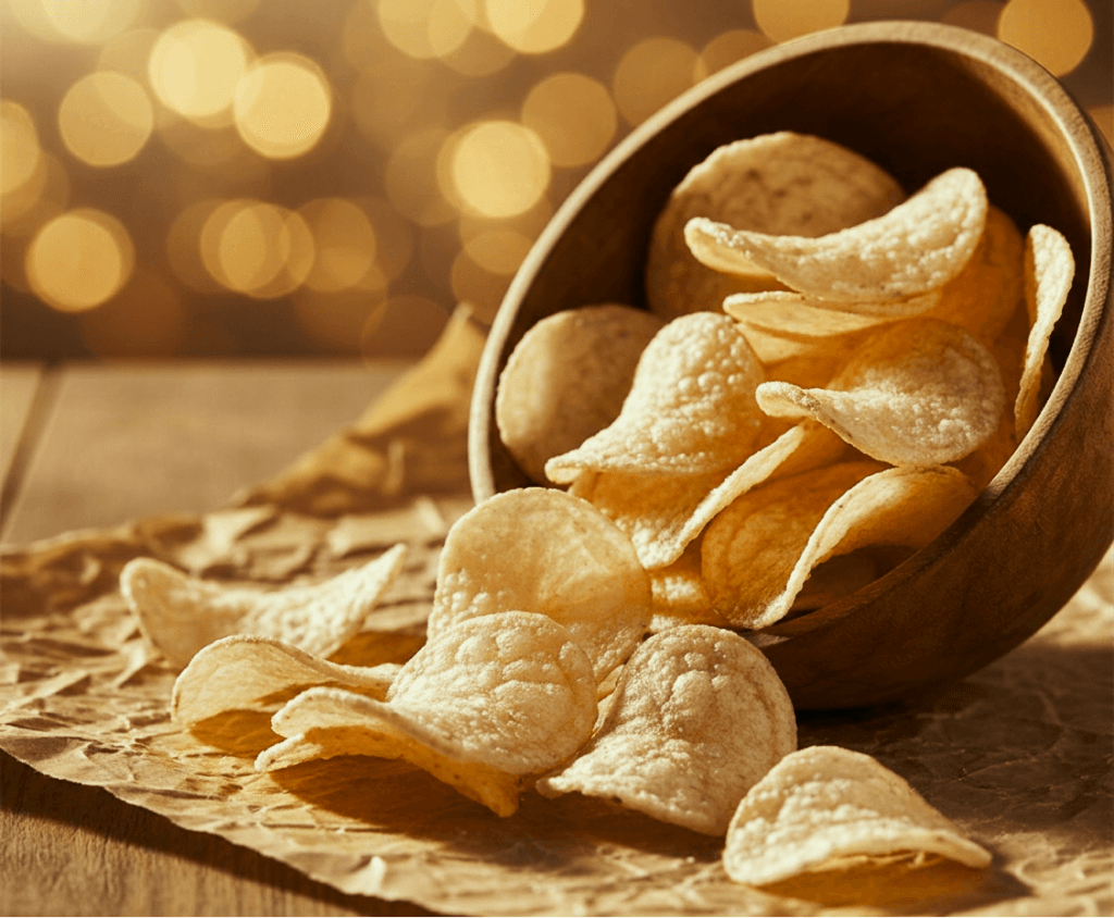 A wooden bowl of golden HandCut potato chips