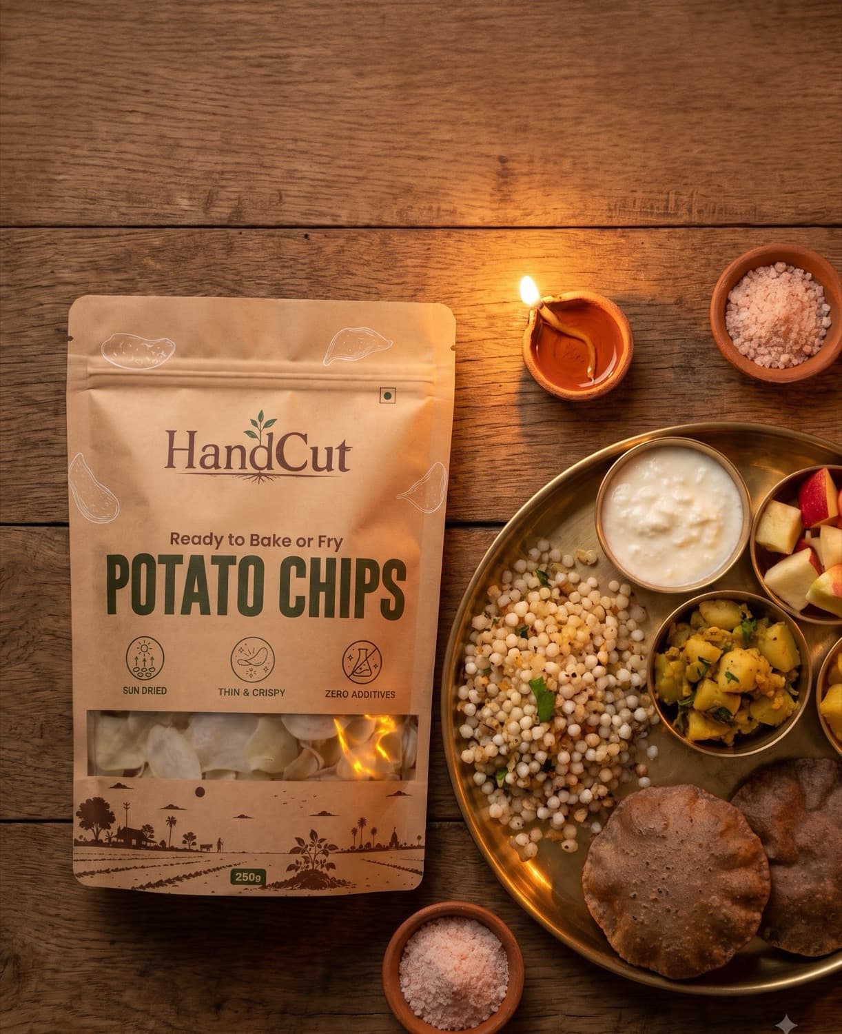 A HandCut pouch beside a festive thali and a lit diya