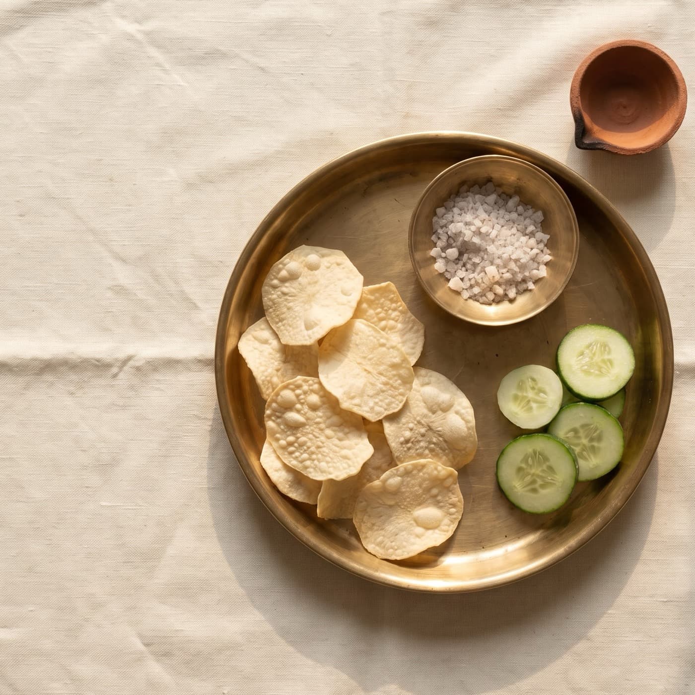 Fried HandCut chips on a brass thali with sendha namak, beside a clay diya