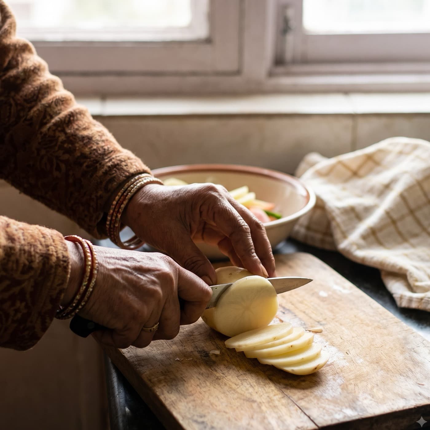 A woman slices potatoes by hand