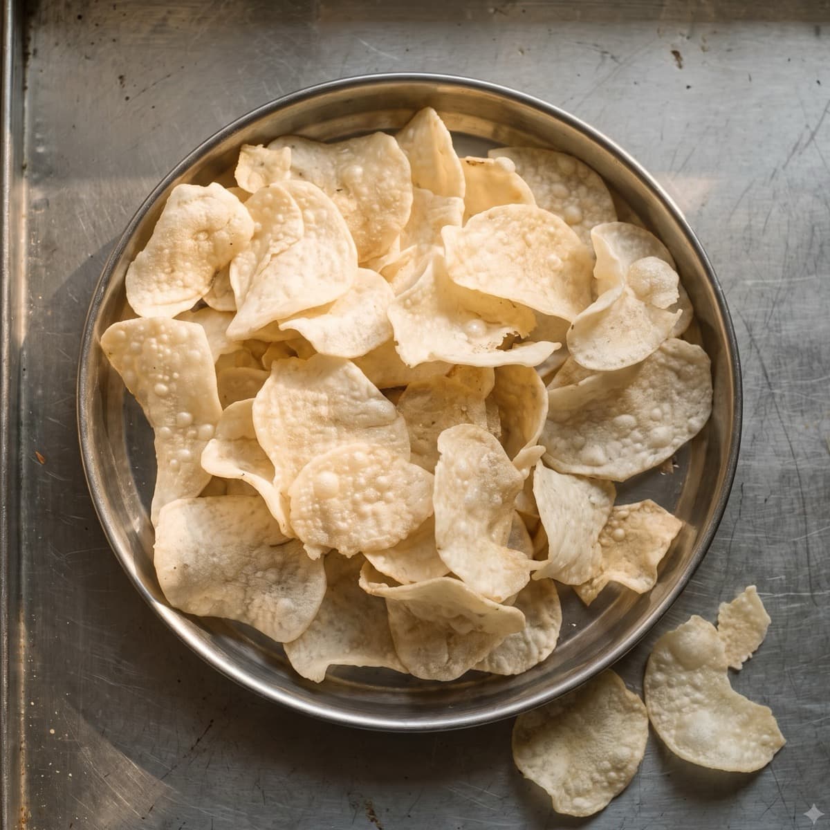 Seasoned aloo chips served in a steel thali